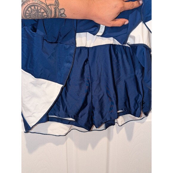 Women's Navy & White Color Block Tummy Control Swim Dress Swimsuit One Piece - Picture 6 of 9